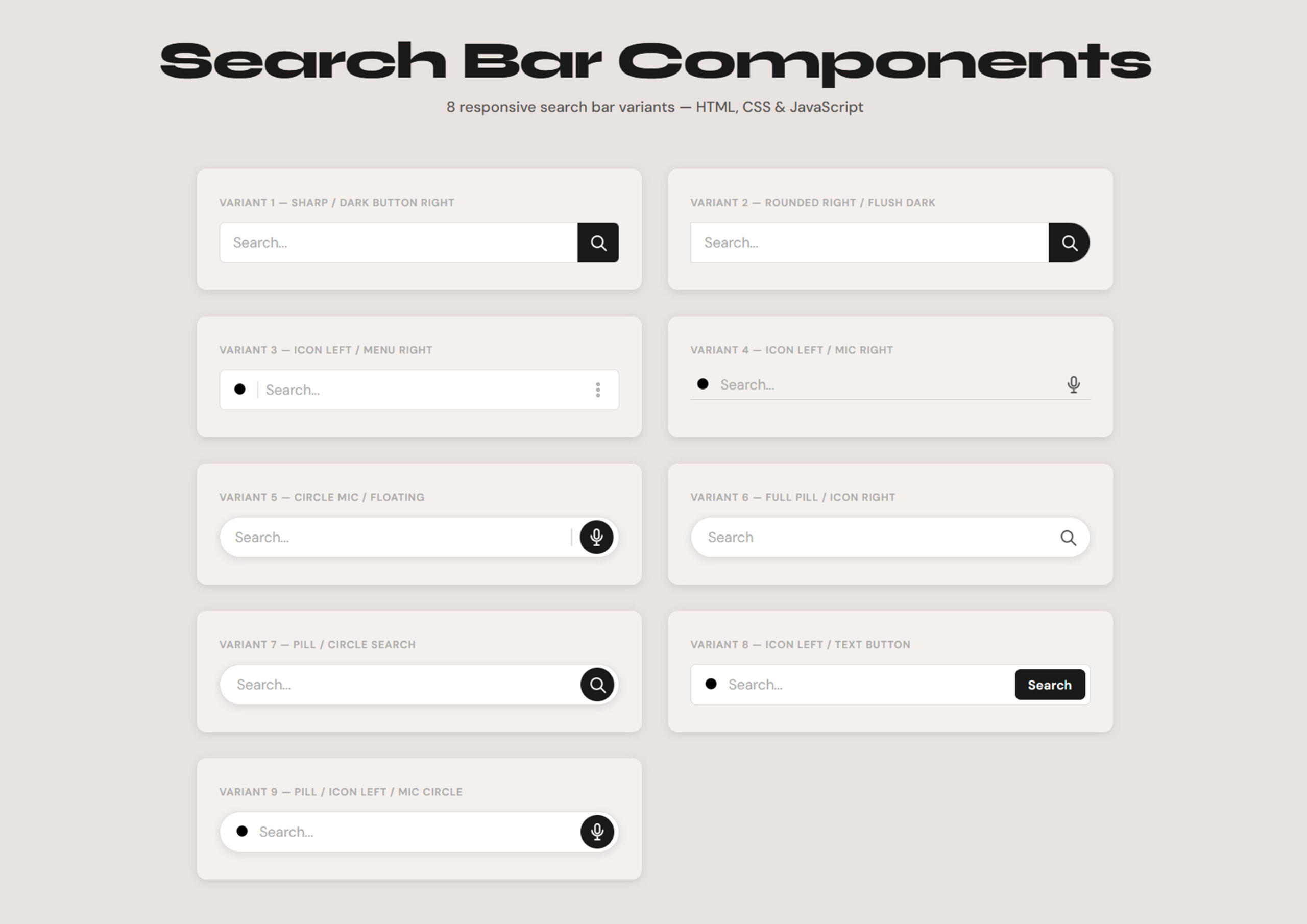 Free Responsive Search Bar Designs in HTML CSS & JavaScript – Clean UI Components Pack