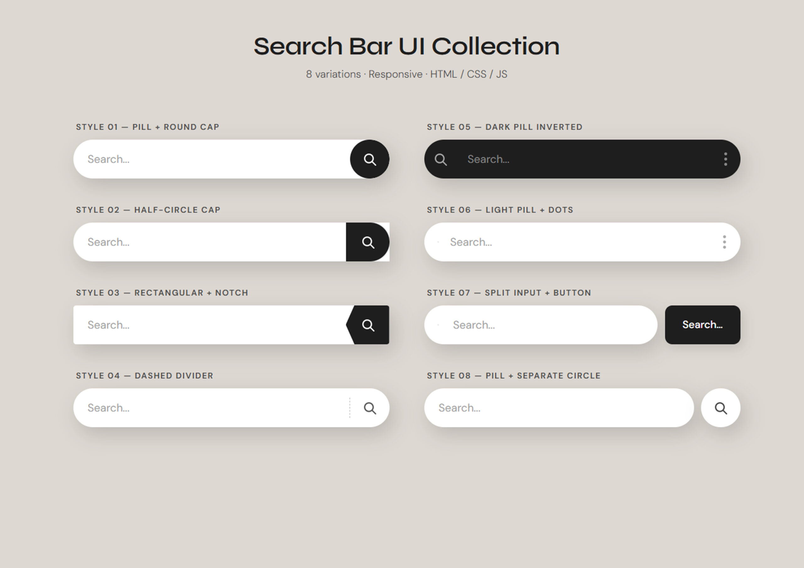 Responsive Search Bar UI Collection (HTML, CSS, JavaScript) – 8 Modern Styles Free Download