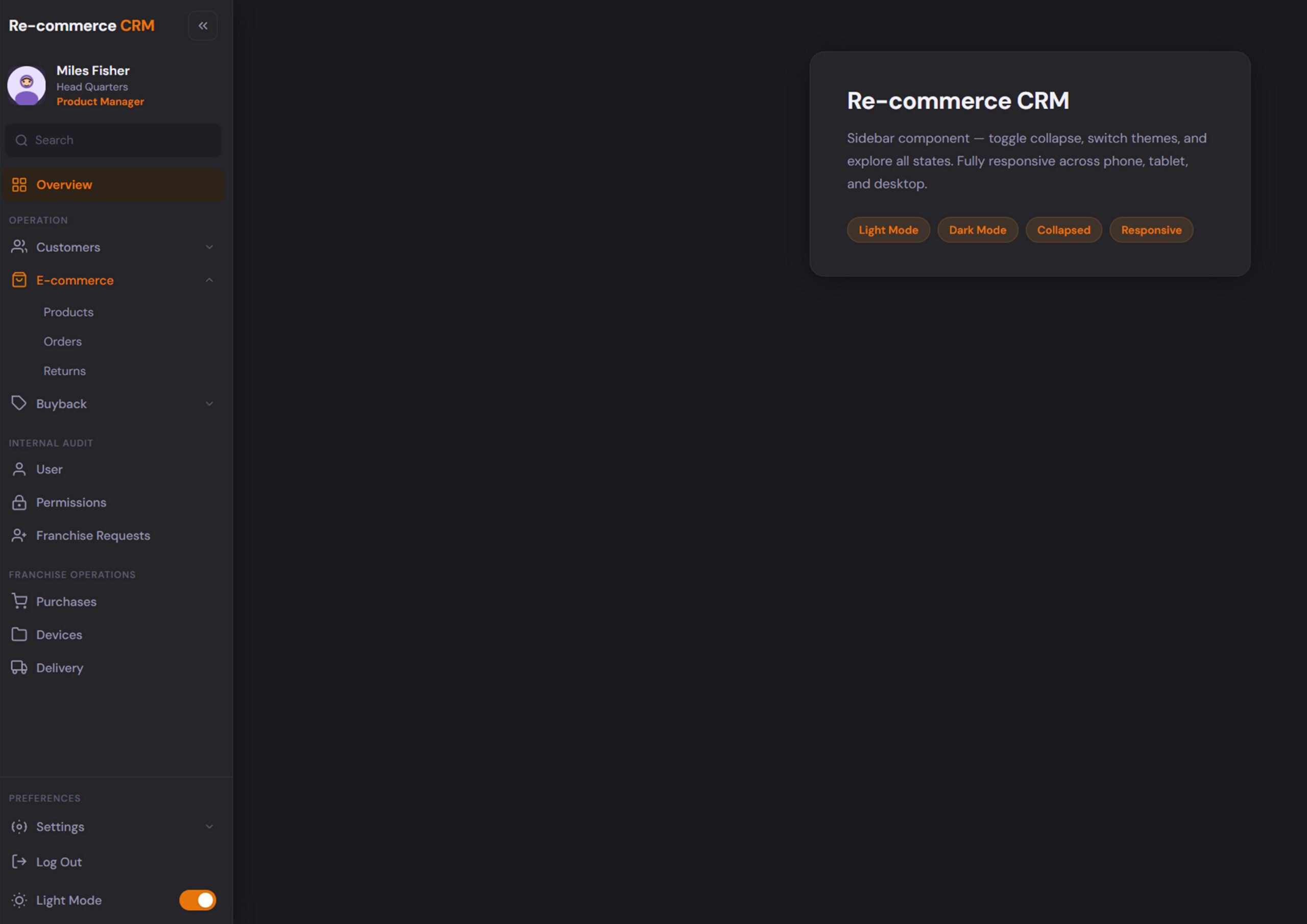 Free Responsive Sidebar Component with Toggle & Dark Mode (HTML CSS JS) – Admin Dashboard UI