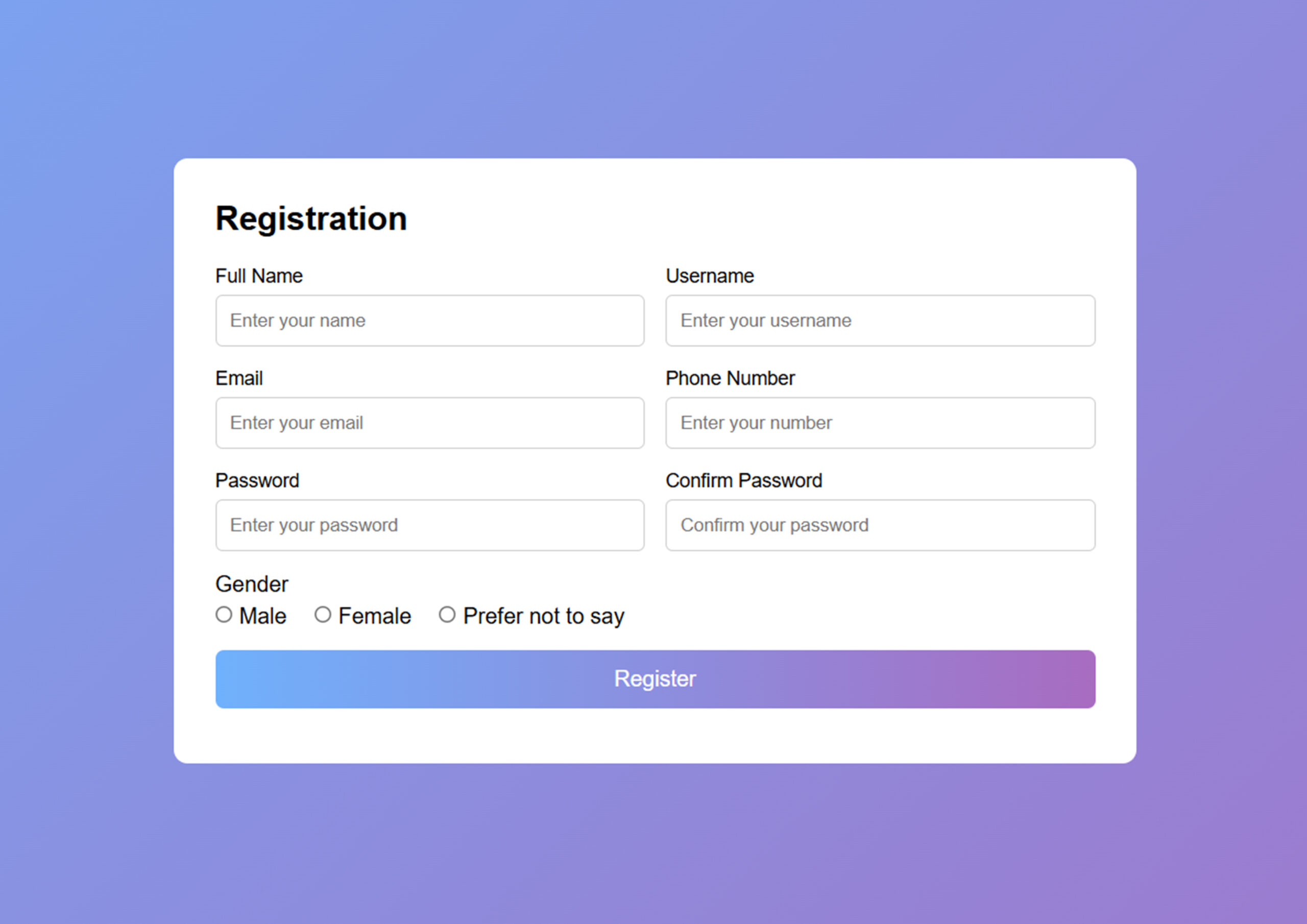 Responsive Gradient Register Form (HTML CSS JavaScript) Free Download – Modern UI Design